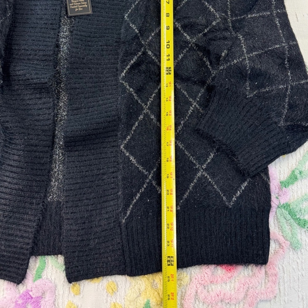 Diane Gilman DG2 Black Argyle Eyelash Knit Shimmer Cardigan Sweater XL NEW - Picture 2 of 8